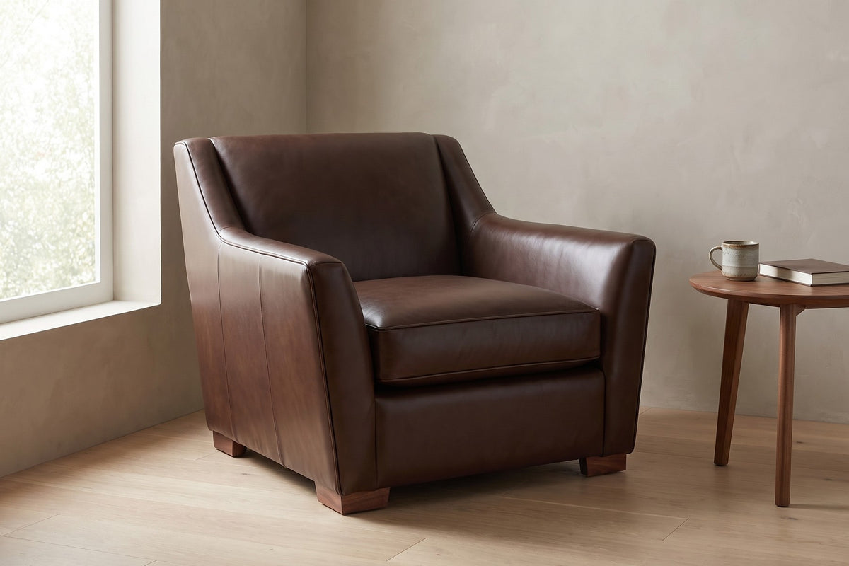 Vence Leather Lounge Chair in Chocolate, in a room setting