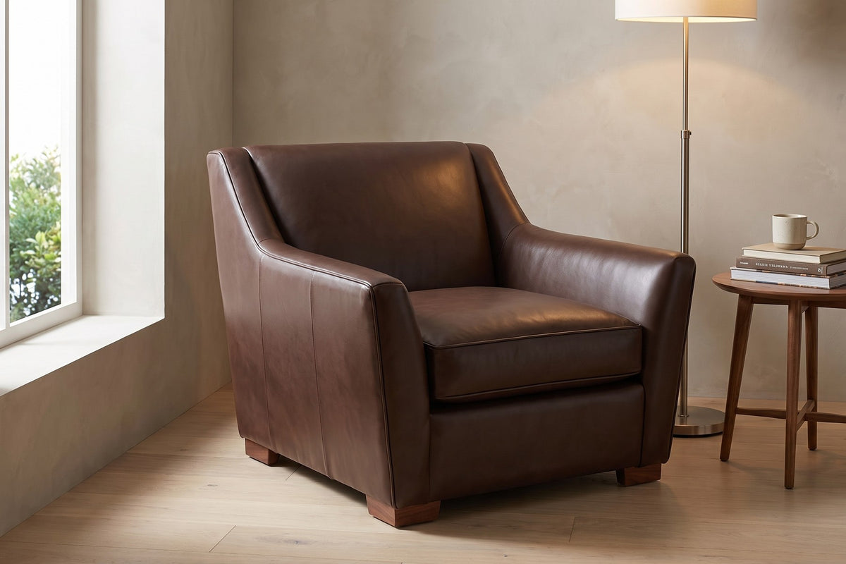 Vence Leather Lounge Chair – Sloped Arms, Low Deep Seat, Block Feet