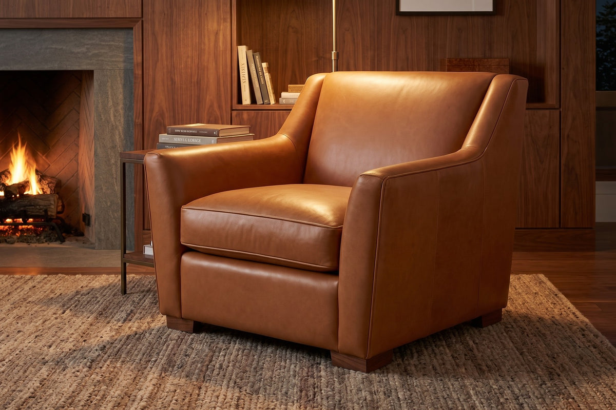 Vence Cognac Leather Lounge Chair in a room setting