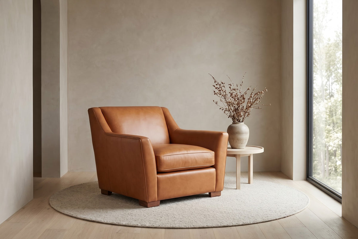 Vence Leather Lounge Chair – Sloped Arms, Low Deep Seat, Block Feet