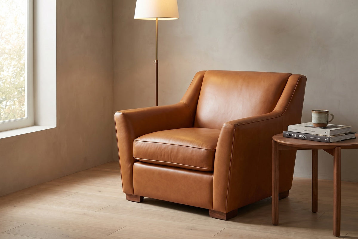 Vence Cognac Leather Lounge Chair in a living space