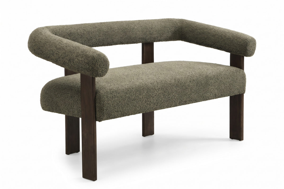 Victoire 53.25" Bouclé Loveseat – Green, Round Bolster Arms, Brown Rubberwood Legs