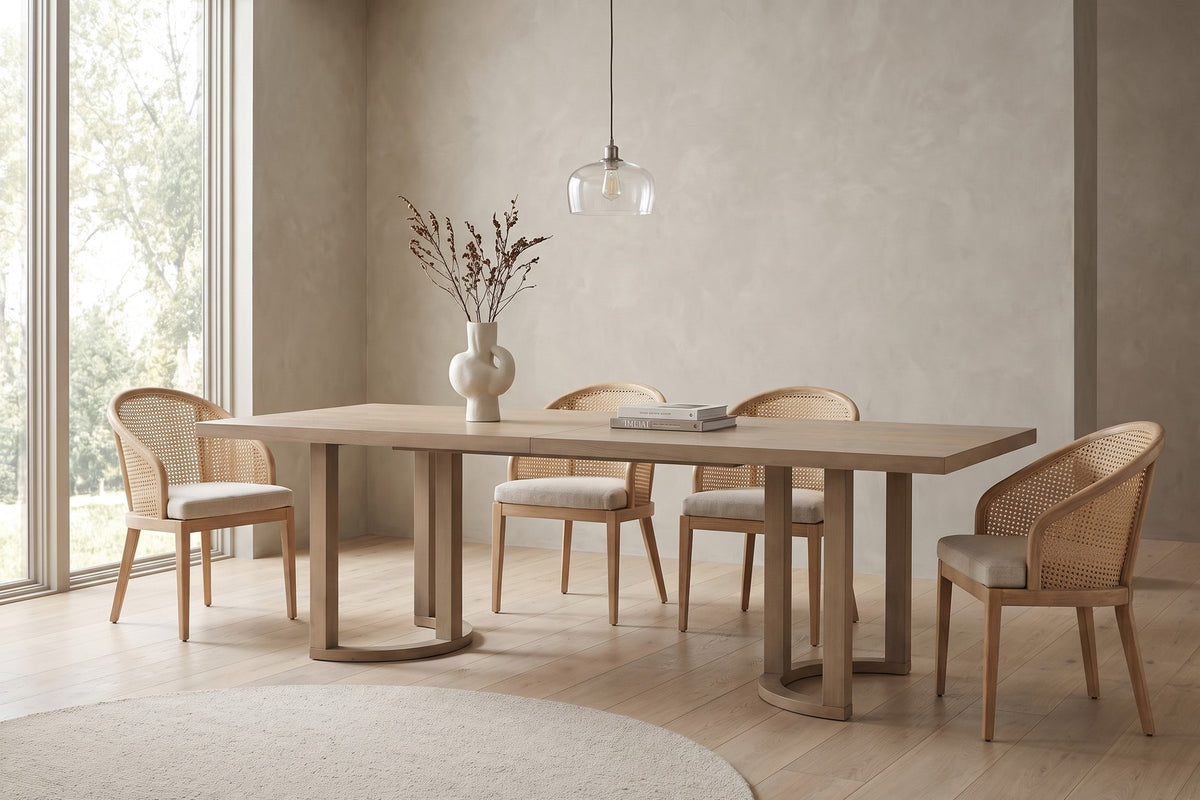 Villette 95-inch light ash dining table with U-shaped bases in a calm, daylit dining room