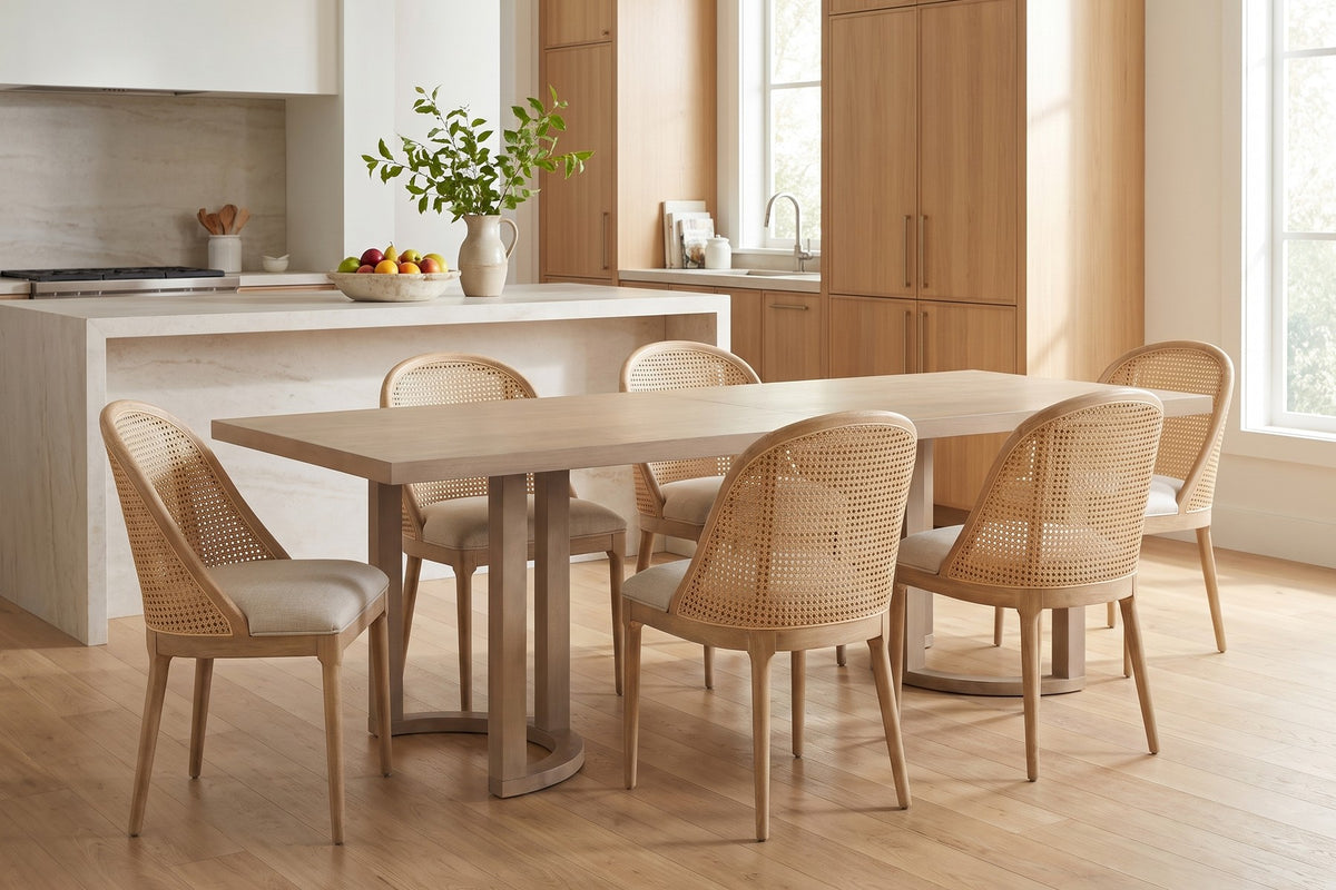 Villette 95-inch light ash dining table with U-shaped bases in a bright open-plan kitchen and dining space
