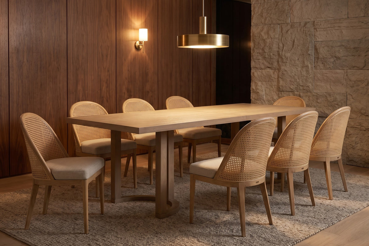 Evening, eight chairs. The light ash top keeps a long table calm in a dark room.
