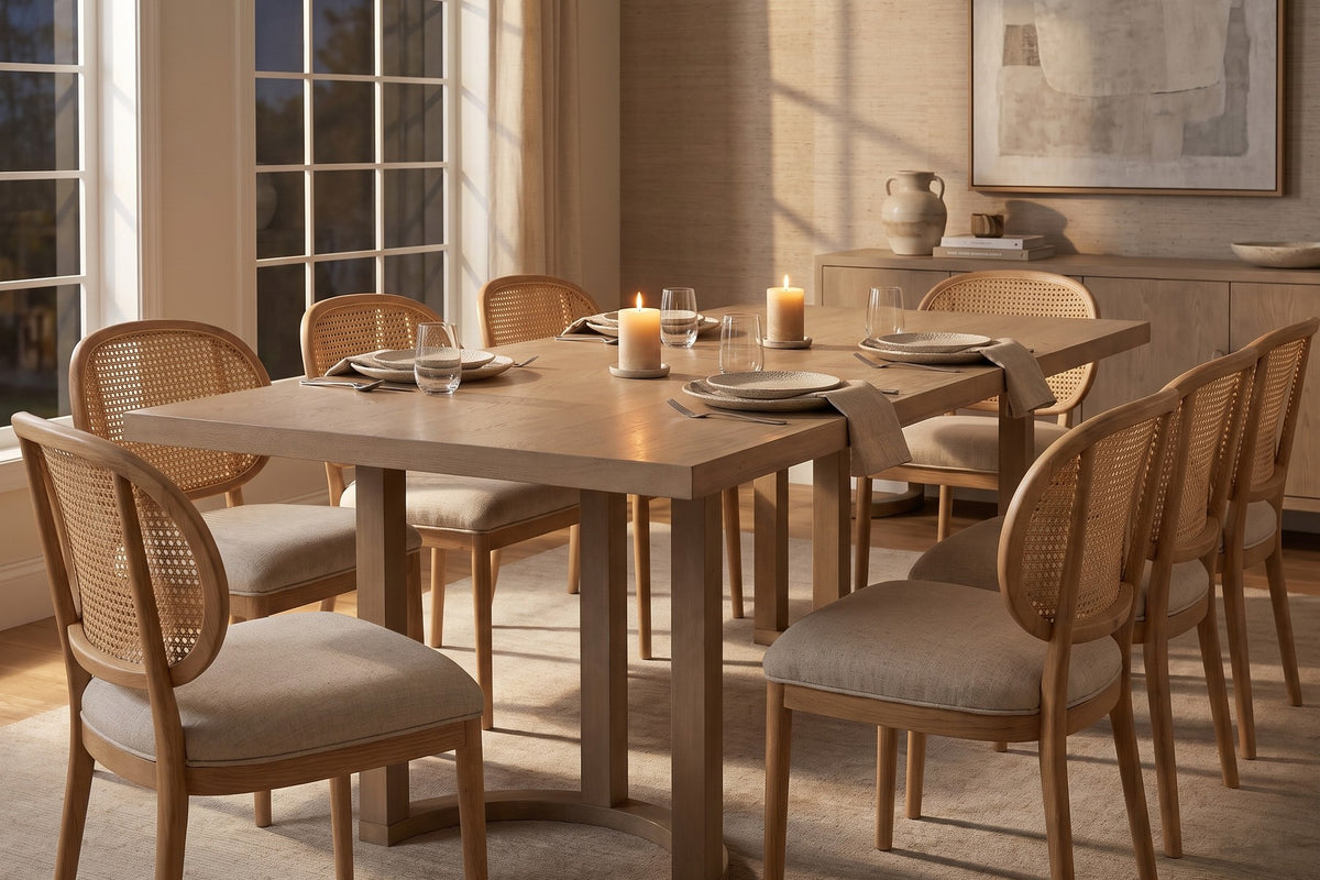 Late sun on a table set for dinner. The thick edge and light ash grain look warm.