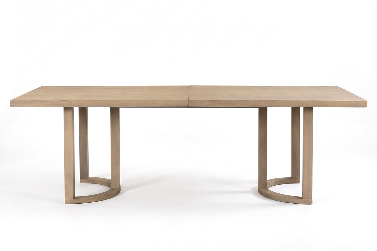 Villette 95-inch light ash dining table with U-shaped bases, straight front view along the long side, at table height on a white background