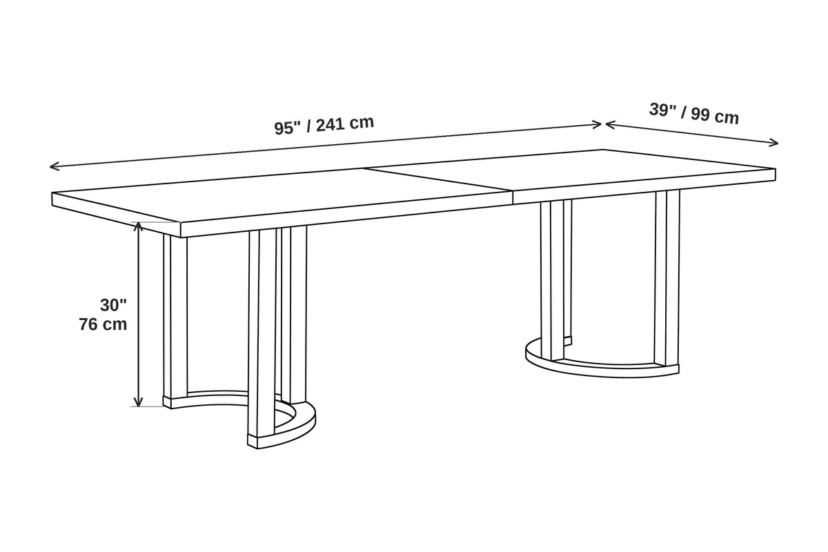 Villette 95-inch light ash dining table dimensions: 95 inches (241 cm) wide, 39 inches (99 cm) deep and 30 inches (76 cm) high
