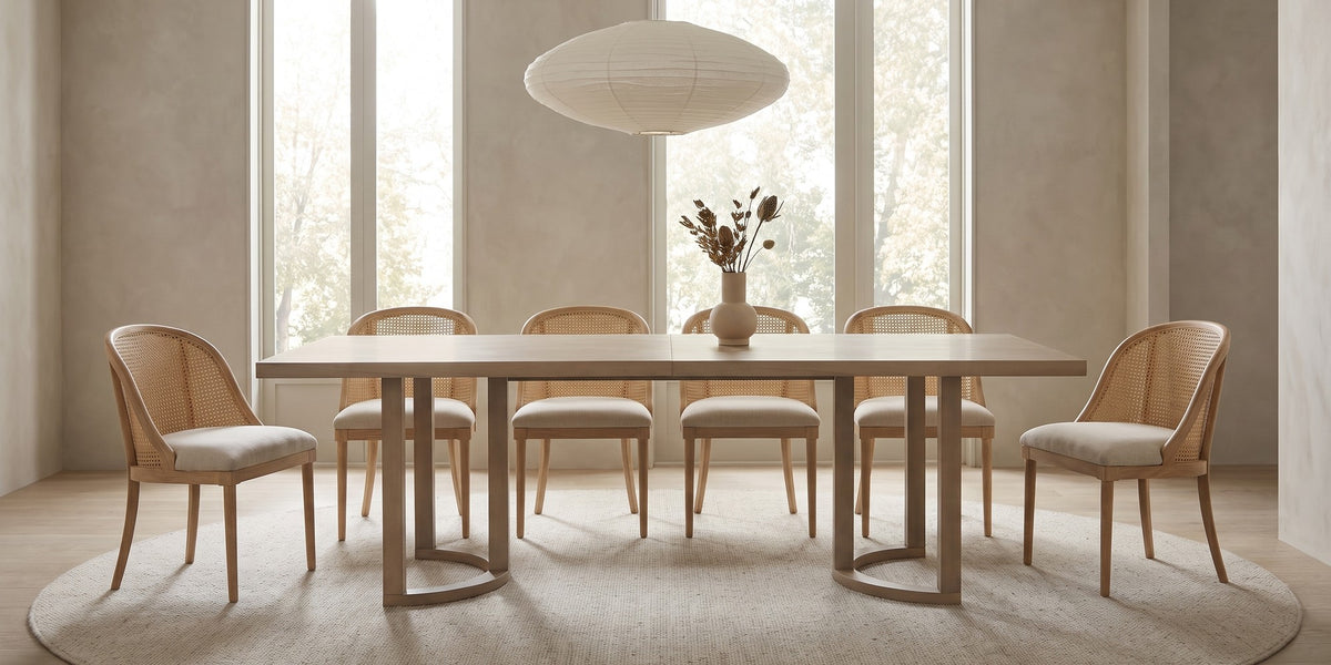 Villette 95-inch light ash dining table with U-shaped bases in a wide, calm dining room