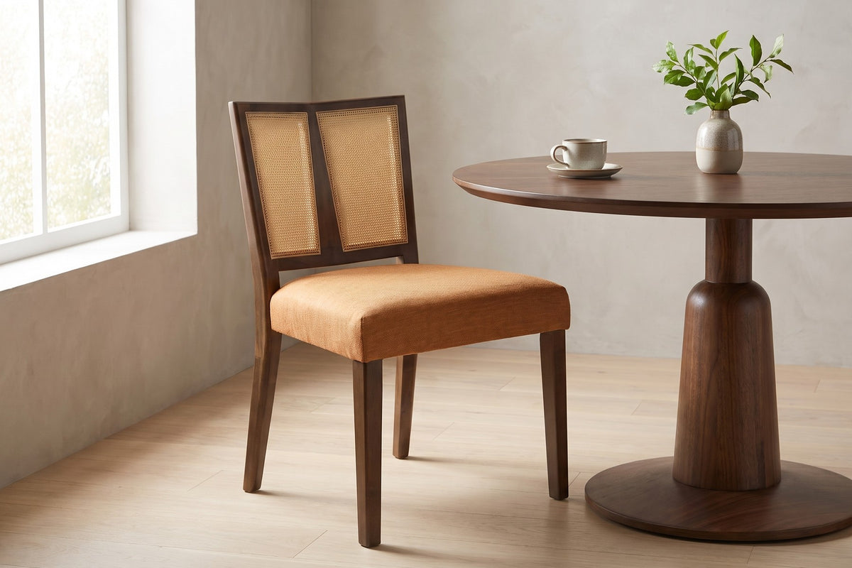 Wagram rattan cane back dining chair, caramel seat, walnut frame, set of 2 in a bright breakfast nook by a large window