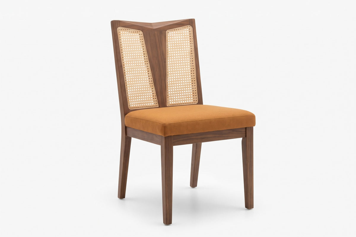 Wagram Rattan Cane Dining Chair – Caramel Seat, Walnut-Finish Rubberwood, Set of 2