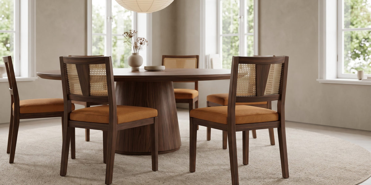 Wagram rattan cane back dining chair, caramel seat, walnut frame, set of 2 in a wide room view
