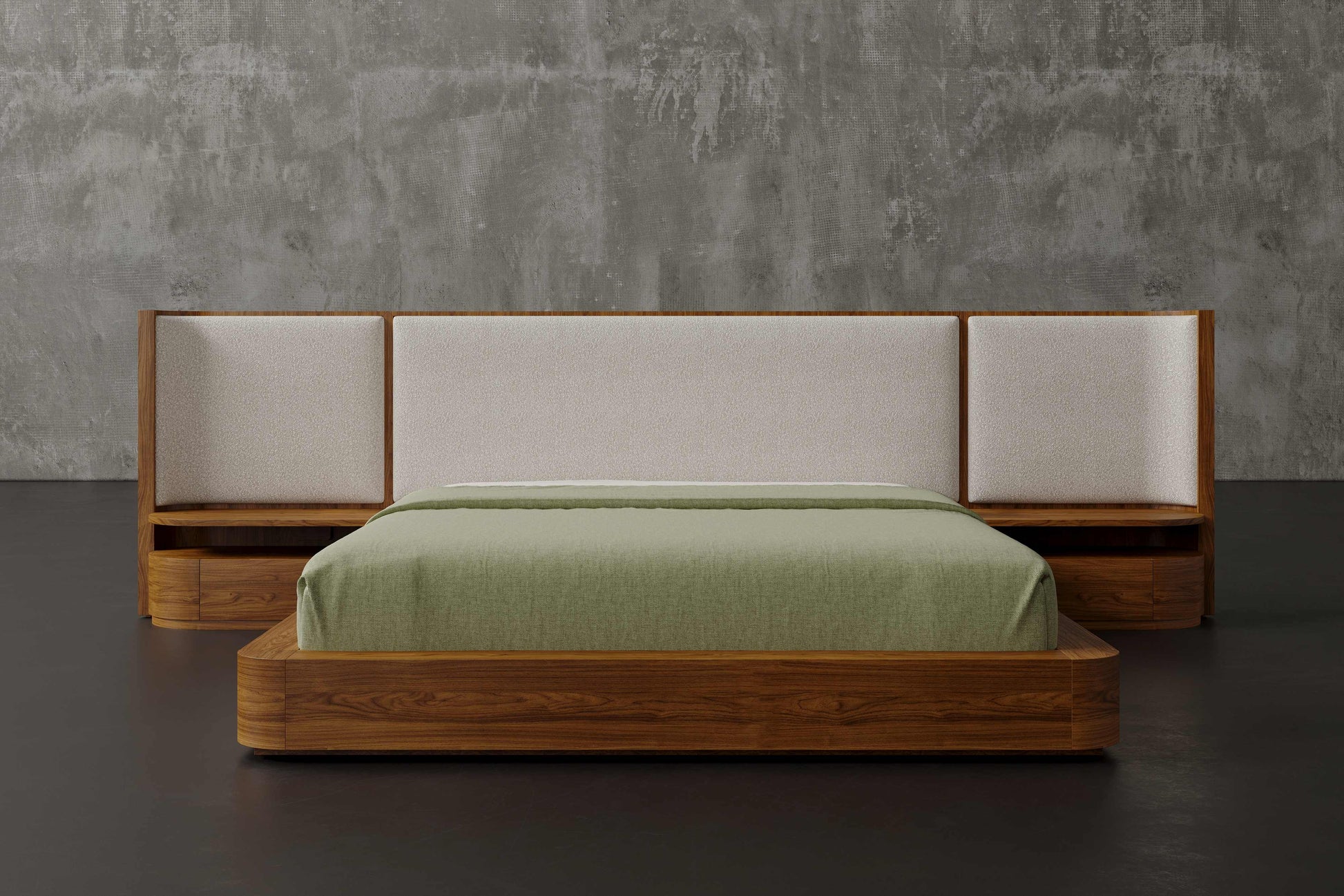 Aubert Wood Bed Frame with Bouclé Headboard & Integrated Nightstands