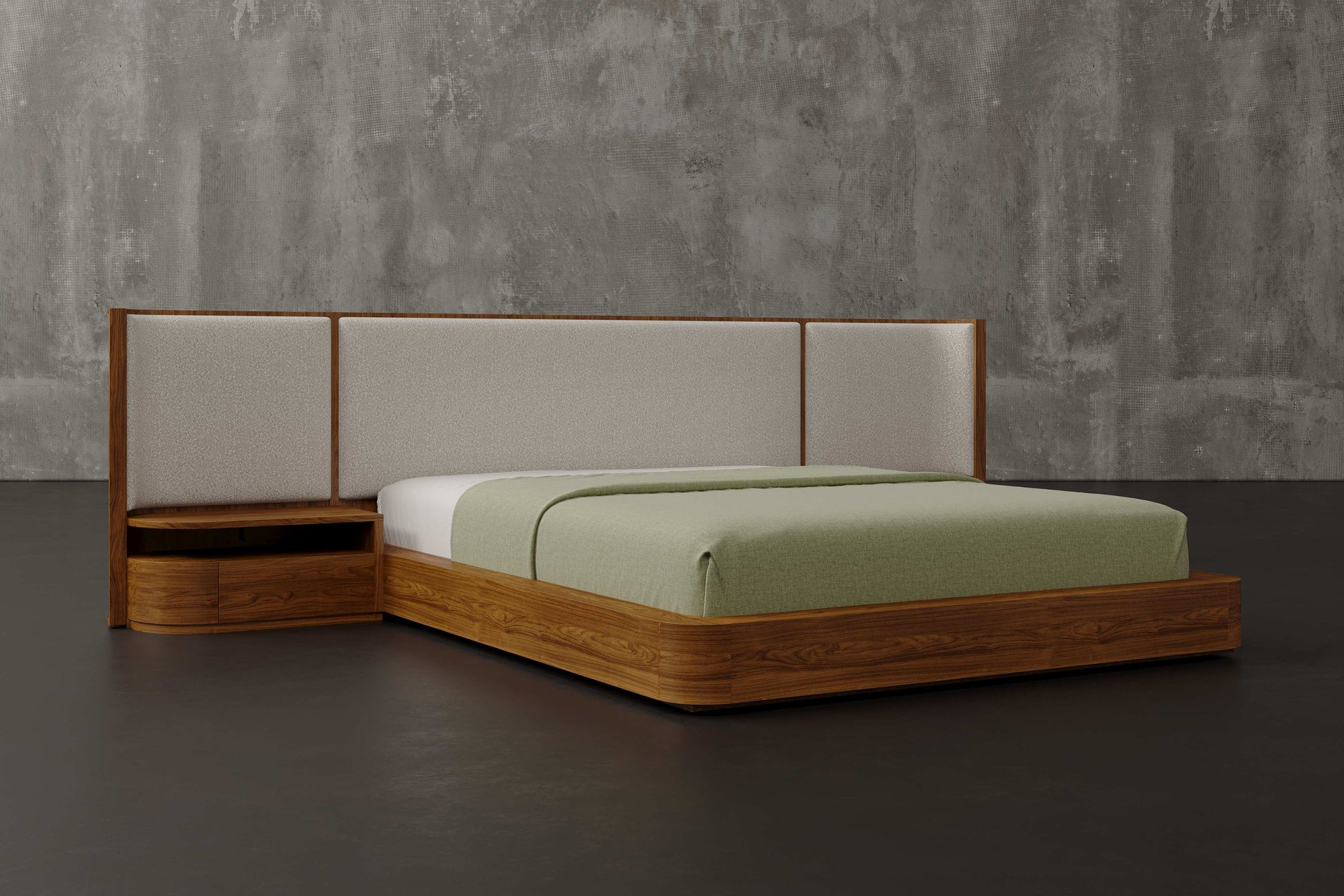 Aubert Wood Bed Frame with Bouclé Headboard & Integrated Nightstands