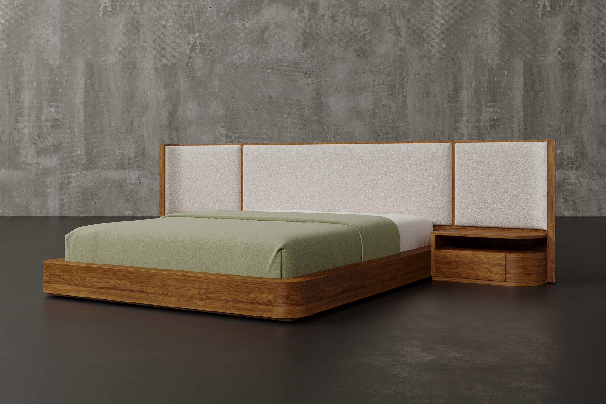 Aubert Wood Bed Frame with Bouclé Headboard & Integrated Nightstands