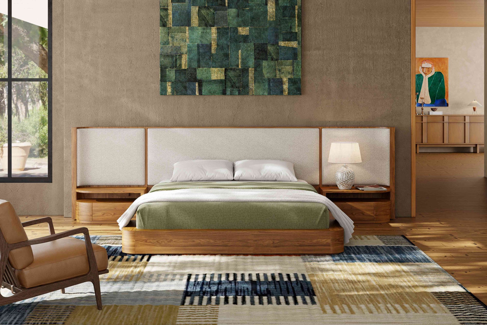Aubert Wood Bed Frame with Bouclé Headboard & Integrated Nightstands