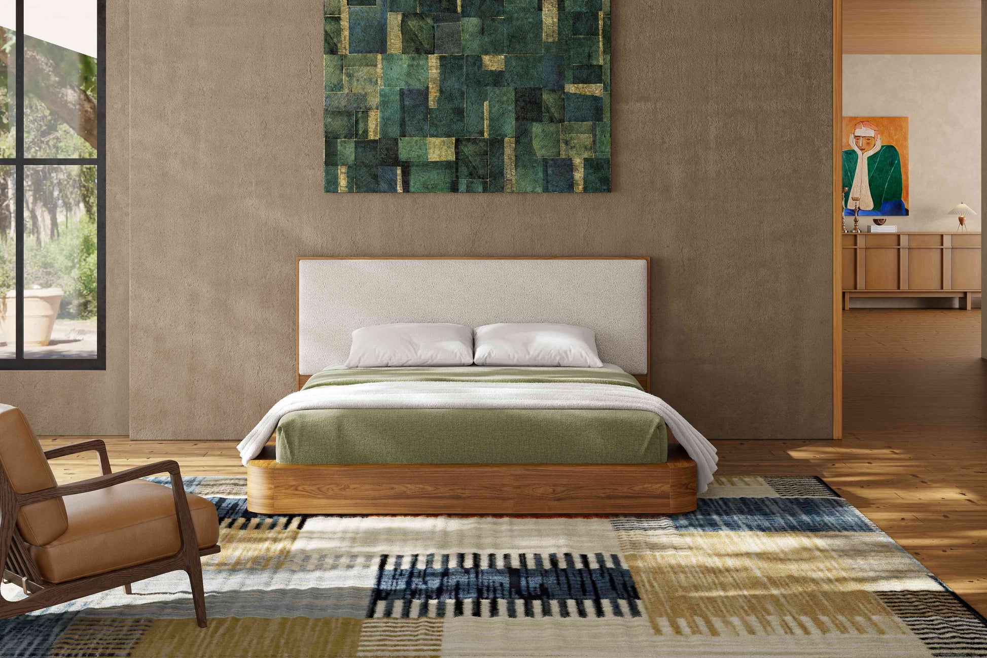 Aubert Wood Bed Frame with Bouclé Headboard & Integrated Nightstands