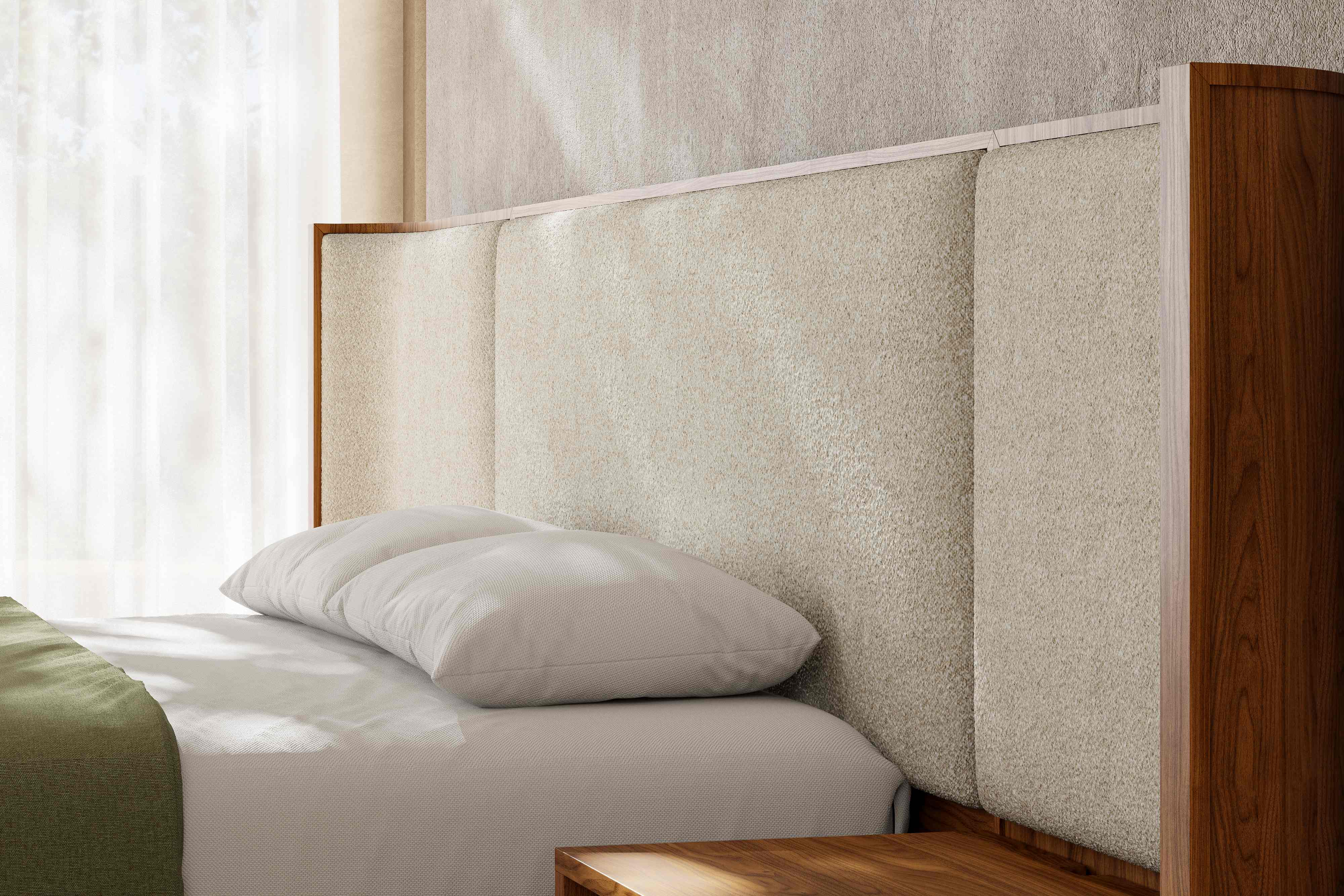 Aubert Wood Bed Frame with Bouclé Headboard & Integrated Nightstands