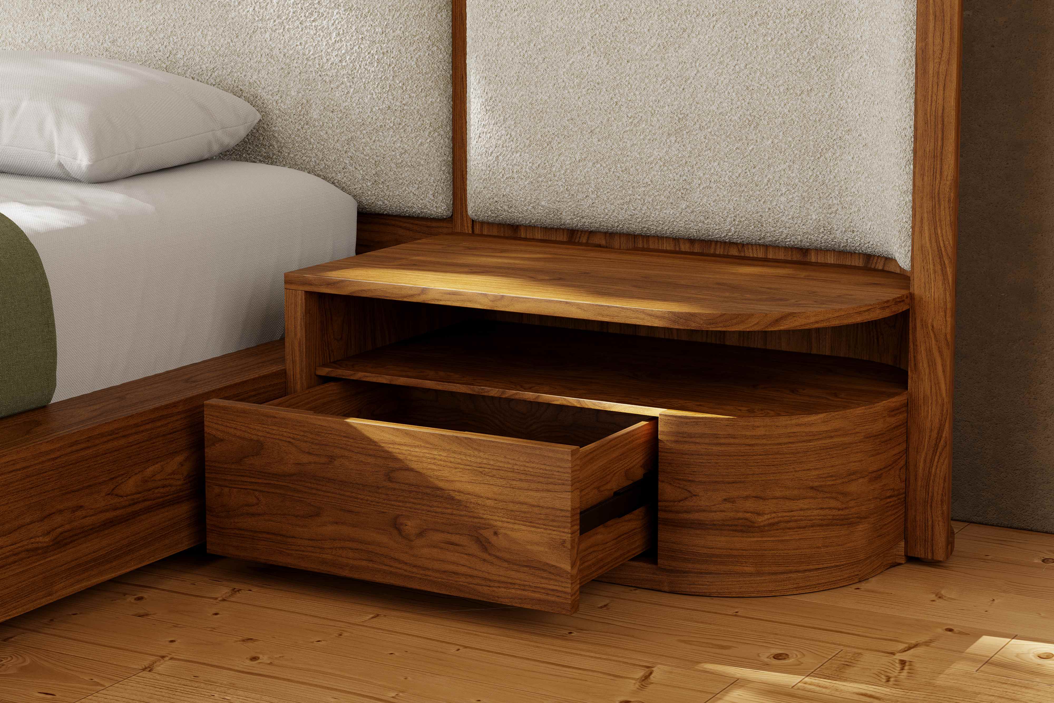 Aubert Wood Bed Frame with Bouclé Headboard & Integrated Nightstands