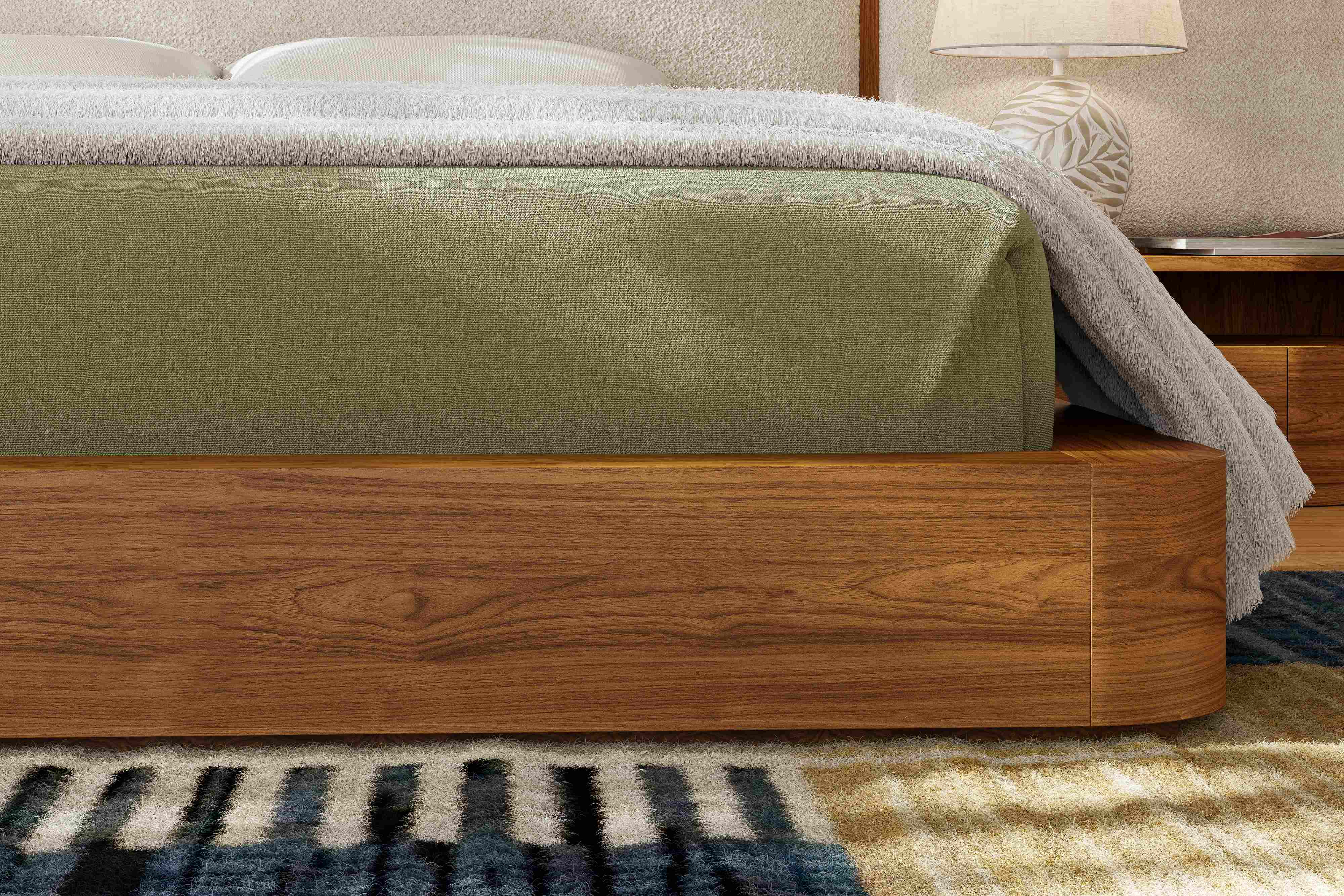 Aubert Wood Bed Frame with Bouclé Headboard & Integrated Nightstands